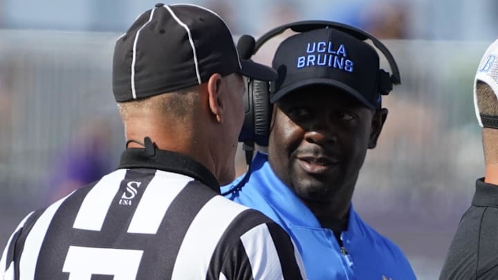 Sep 27, 2025; Evanston, Illinois, USA; UCLA Bruins interim head coach Tim Skipper talks to a official during the first half against the Northwestern Wildcats during the first half at Northwestern Medicine Field at Martin Stadium. Mandatory Credit: David Banks-Imagn Images Sep 27, 2025; Evanston, Illinois, USA; UCLA Bruins interim head coach Tim Skipper talks to a official during the first half against the Northwestern Wildcats during the first half at Northwestern Medicine Field at Martin Stadium. Mandatory Credit: David Banks-Imagn Images