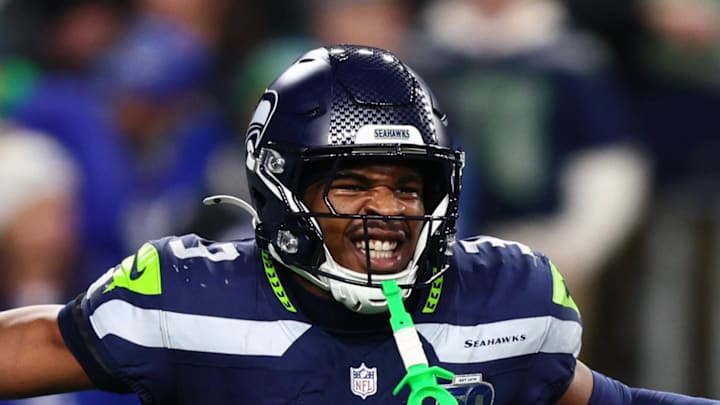 Jan 17, 2026; Seattle, WA, USA; Seattle Seahawks safety Nick Emmanwori (3) reacts after a fumble recovery against the San Francisco 49ers during the second half in an NFC Divisional Round game at Lumen Field. Mandatory Credit: Kevin Ng-Imagn Images Jan 17, 2026; Seattle, WA, USA; Seattle Seahawks safety Nick Emmanwori (3) reacts after a fumble recovery against the San Francisco 49ers during the second half in an NFC Divisional Round game at Lumen Field. Mandatory Credit: Kevin Ng-Imagn Images