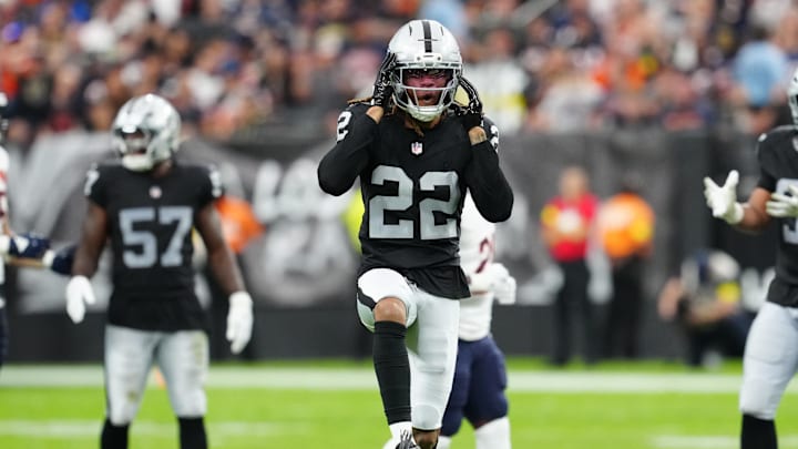 Sep 28, 2025; Paradise, Nevada, USA; Las Vegas Raiders cornerback Eric Stokes (22) celebrates during the second half against the Chicago Bears at Allegiant Stadium. Mandatory Credit: Stephen R. Sylvanie-Imagn Images