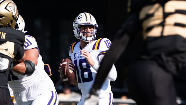 Louisiana State University quarterback Garrett Nussmeier (18) looks to pass during the game between Vanderbilt University and Louisiana State University at FirstBank Stadium in Nashville, Tenn., Saturday, Oct. 18, 2025. Louisiana State University quarterback Garrett Nussmeier (18) looks to pass during the game between Vanderbilt University and Louisiana State University at FirstBank Stadium in Nashville, Tenn., Saturday, Oct. 18, 2025.