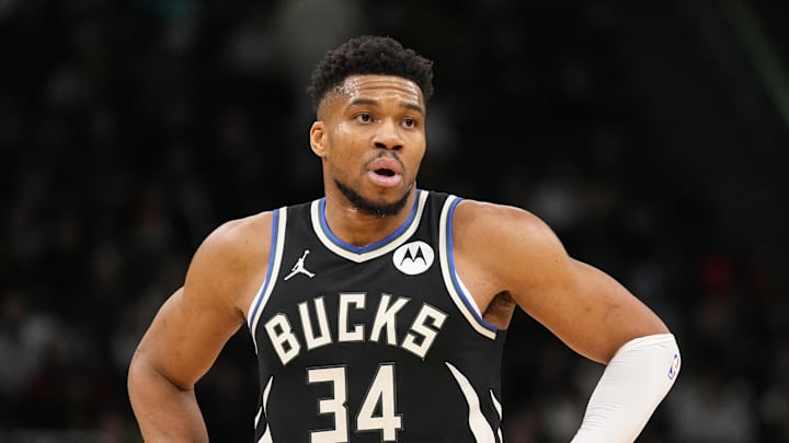 Jan 23, 2026; Milwaukee, Wisconsin, USA;  Milwaukee Bucks forward Giannis Antetokounmpo (34) looks on during the second quarter against the Denver Nuggets at Fiserv Forum. Mandatory Credit: Jeff Hanisch-Imagn Images