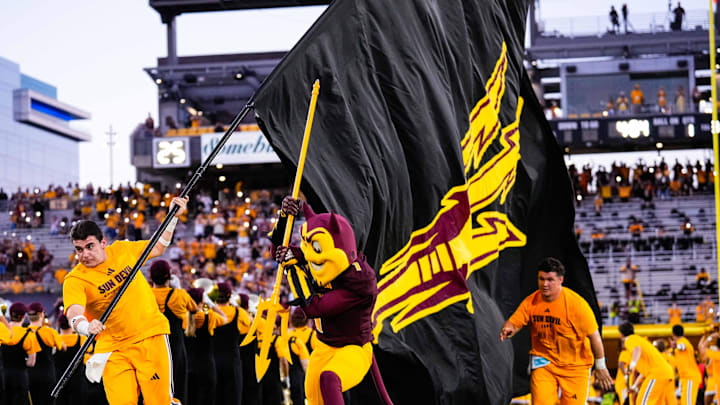 Aug 30, 2025; Tempe, Arizona, USA; Sparky the Sun Devil takes the field pregame between Arizona State Sun Devils and Northern Arizona Lumberjacks at Mountain America Stadium. Mandatory Credit: Arianna Grainey-Imagn Images