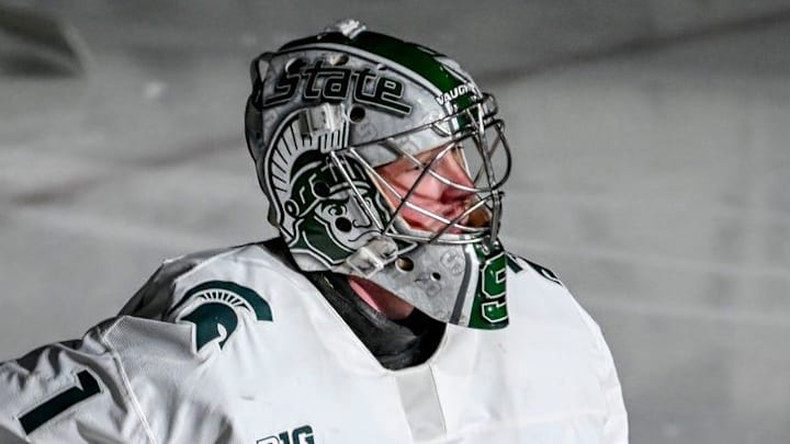 Michigan State's Trey Augustine is introduced before the game against Minnesota on Saturday, Jan. 25, 2025, at Munn Arena in East Lansing.