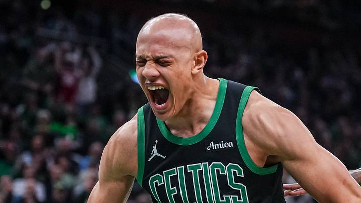 Apr 28, 2026; Boston, Massachusetts, USA; Boston Celtics guard Jordan Walsh (27) reacts after his basket against the Philadelphia 76ers in the second half during game five of the first round of the 2026 NBA Playoffs at TD Garden. Mandatory Credit: David Butler II-Imagn Images
