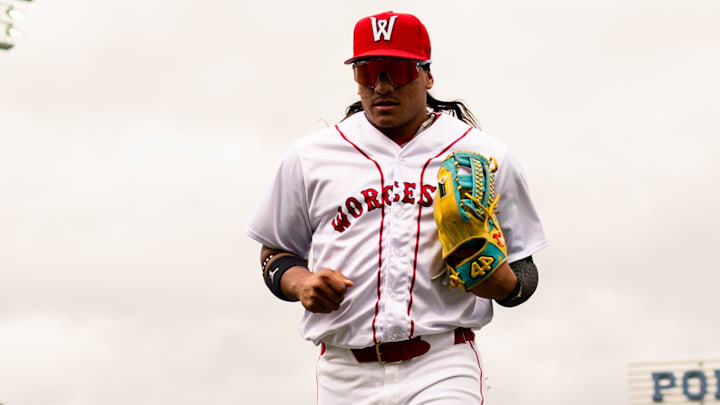 Worcester Red Sox player Jhostynxon Garcia comes off the field at Polar Park during a game on May 25, 2025. The player nicknamed 'The Password' is starting to get pregame work in playing first base with Triple-A Worcester.