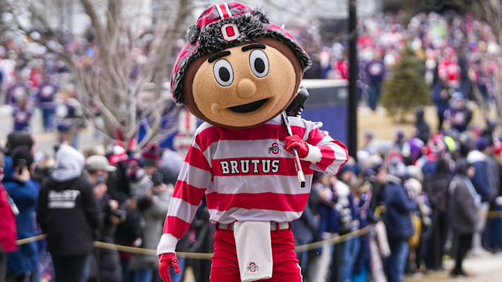 Mar 1, 2025; Columbus, Ohio, USA; Ohio State Buckeyes mascot Brutus walks to the Ohio Stadium before the NHL Stadium Series game between the Columbus Blue Jackets and the Detroit Red Wings at Ohio Stadium. Mandatory Credit: Samantha Madar/USA TODAY Network via Imagn Images