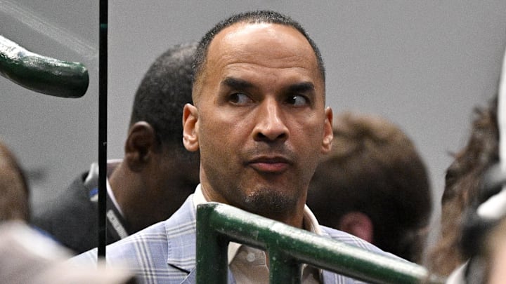 Apr 9, 2025; Dallas, Texas, USA; Dallas Mavericks general manager Nico Harrison during the game between the Dallas Mavericks and the Los Angeles Lakers at American Airlines Center. Mandatory Credit: Jerome Miron-Imagn Images