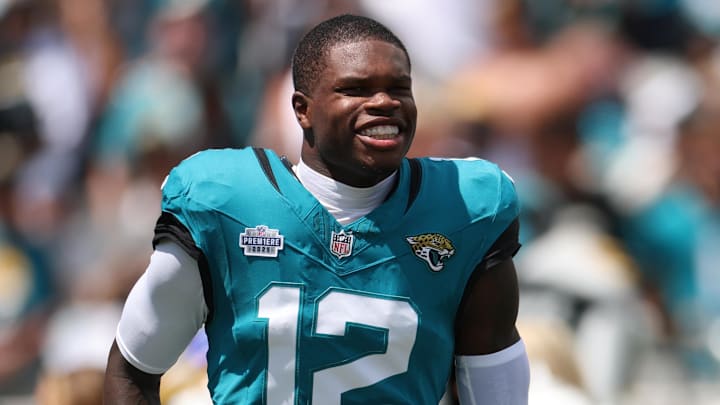 Sep 7, 2025; Jacksonville, Florida, USA; Jacksonville Jaguars wide receiver Travis Hunter (12) takes the field prior to a game against the Carolina Panthers at EverBank Stadium. Mandatory Credit: Nathan Ray Seebeck-Imagn Images