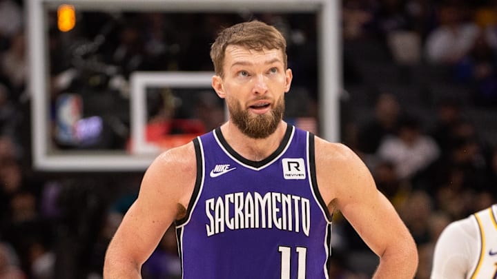 Dec 21, 2024; Sacramento, California, USA; Sacramento Kings forward Domantas Sabonis (11) looks on after being called for a foul during the third quarter at Golden 1 Center. Mandatory Credit: Ed Szczepanski-Imagn Images
