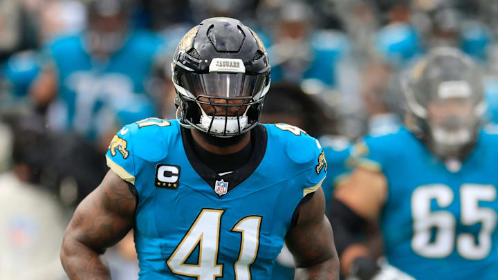Jacksonville Jaguars defensive end Josh Hines-Allen (41) runs on the field before an NFL football matchup Sunday, Dec. 15, 2024 at EverBank Stadium in Jacksonville, Fla. [Corey Perrine/Florida Times-Union]
