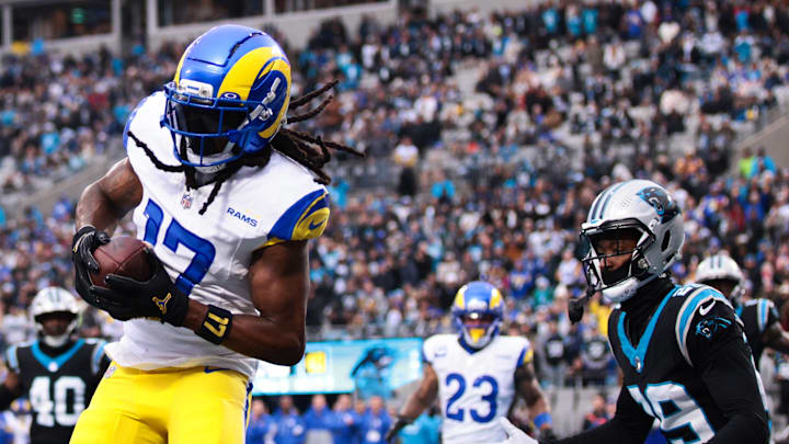 Nov 30, 2025; Charlotte, North Carolina, USA; Los Angeles Rams wide receiver Davante Adams (17) makes a catch for a touchdown during the second quarter against the Carolina Panthers at Bank of America Stadium. Mandatory Credit: Scott Kinser-Imagn Images Nov 30, 2025; Charlotte, North Carolina, USA; Los Angeles Rams wide receiver Davante Adams (17) makes a catch for a touchdown during the second quarter against the Carolina Panthers at Bank of America Stadium. Mandatory Credit: Scott Kinser-Imagn Images
