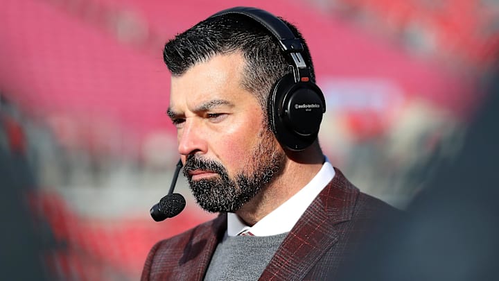 Nov 30, 2024; Columbus, Ohio, USA;  Ohio State Buckeyes head coach Ryan Day is interviewed before the game against the Michigan Wolverines at Ohio Stadium. Mandatory Credit: Joseph Maiorana-Imagn Images