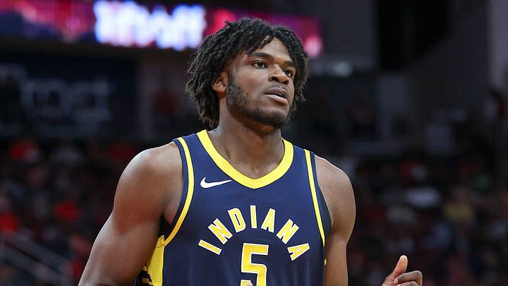 Oct 10, 2023; Houston, Texas, USA; Indiana Pacers forward Jarace Walker (5) reacts after a play during the game against the Houston Rockets at Toyota Center. Mandatory Credit: Troy Taormina-USA TODAY Sports
