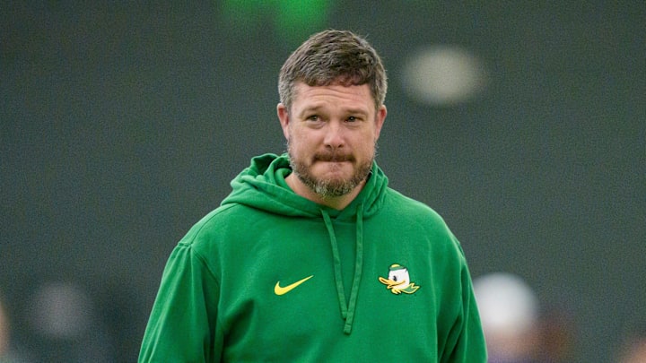 Oregon head coach Dan Lanning attends Oregon Pro Day on March 17, 2026, at the Moshofsky Center in Eugene, Oregon. Oregon head coach Dan Lanning attends Oregon Pro Day on March 17, 2026, at the Moshofsky Center in Eugene, Oregon.