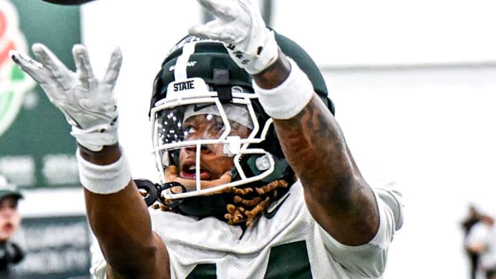 Michigan State's Bryson Williams catches a pass during spring football practice on Tuesday, March 24, 2026, in East Lansing.