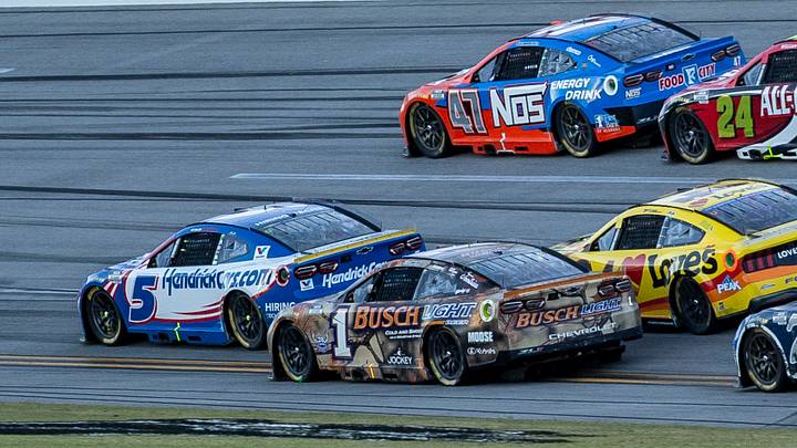 NASCAR Cup Series driver Kyle Larson (5) leads on the final lap to win the YellaWood 500 NASCAR Cup Series race at Talladega Superspeedway. Vasha Hunt NASCAR Cup Series driver Kyle Larson (5) leads on the final lap to win the YellaWood 500 NASCAR Cup Series race at Talladega Superspeedway. Vasha Hunt