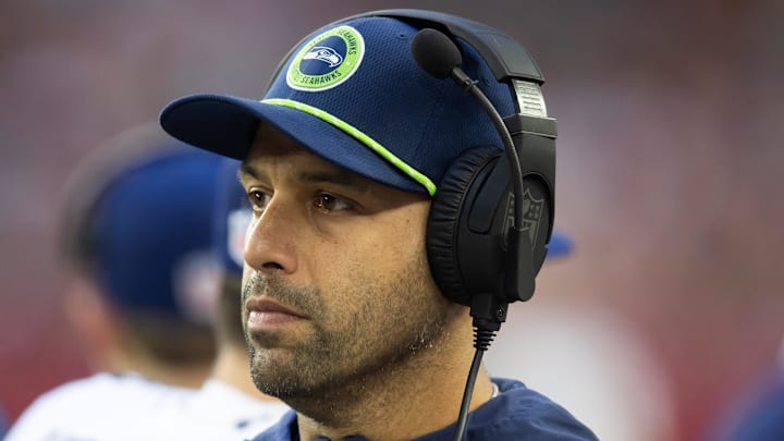 Dec 8, 2024; Glendale, Arizona, USA; Seattle Seahawks defensive coordinator Aden Durde against the Arizona Cardinals at State Farm Stadium. Mandatory Credit: Mark J. Rebilas-Imagn Images