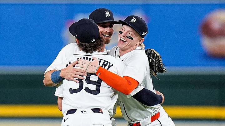 Detroit Tigers right fielder Zach McKinstry (39), left, right fielder Ben Malgeri (53) and center fielder Max Clark (15) celebrate a win. Credit Detroit Tigers right fielder Zach McKinstry (39), left, right fielder Ben Malgeri (53) and center fielder Max Clark (15) celebrate a win. Credit