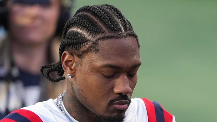 Feb 8, 2026; Santa Clara, CA, USA; New England Patriots wide receiver Stefon Diggs (8) during halftime against the Seattle Seahawks in Super Bowl LX at Levi's Stadium. Mandatory Credit: Darren Yamashita-Imagn Images