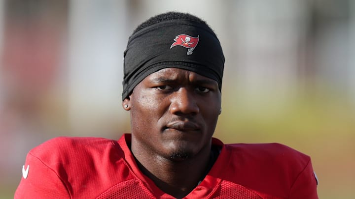 Tampa Bay Buccaneers running back Bucky Irving (7) participates in training camp at AdventHealth Training Center.