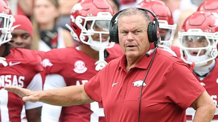 Arkansas Razorbacks coach Sam Pittman during the second quarter against the Alabama A&M Bulldogs at Razorback Stadium.