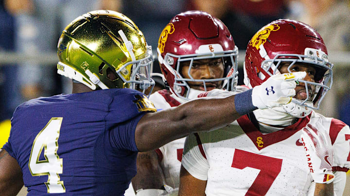 Notre Dame running back Jeremiyah Love (4) celebrates after getting a first down in the first half of a NCAA football game against Southern California at Notre Dame Stadium on Saturday, Oct. 18, 2025, in South Bend.