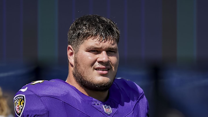 Sep 14, 2025; Baltimore, Maryland, USA; Baltimore Ravens center Tyler Linderbaum (64) before the game against the Cleveland Browns at M&T Bank Stadium. Mandatory Credit: Mitch Stringer-Imagn Images