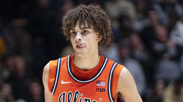 Jan 24, 2026; West Lafayette, Indiana, USA; Illinois Fighting Illini guard Keaton Wagler (23) looks at his teammate during the second half against the Purdue Boilermakers at Mackey Arena. Mandatory Credit: Jacob Musselman-Imagn Images