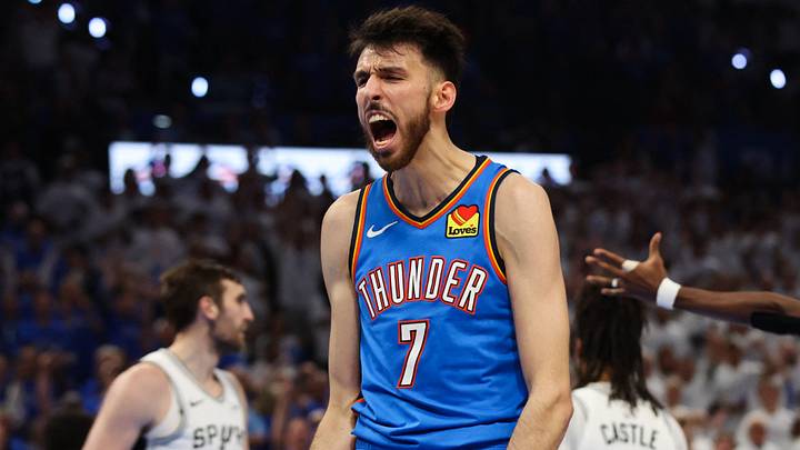 May 20, 2026; Oklahoma City, Oklahoma, USA; Oklahoma City Thunder center Chet Holmgren (7) reacts after a slam dunk during the third quarter against the San Antonio Spurs during game two of the western conference finals for the 2026 NBA playoffs at Paycom Center. Mandatory Credit: Brett Rojo-Imagn Images May 20, 2026; Oklahoma City, Oklahoma, USA; Oklahoma City Thunder center Chet Holmgren (7) reacts after a slam dunk during the third quarter against the San Antonio Spurs during game two of the western conference finals for the 2026 NBA playoffs at Paycom Center. Mandatory Credit: Brett Rojo-Imagn Images