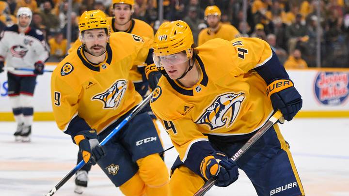 Oct 9, 2025; Nashville, Tennessee, USA; Nashville Predators center Brady Martin (44) skates with the puck against the Columbus Blue Jackets during the second period at Bridgestone Arena. Mandatory Credit: Steve Roberts-Imagn Images Oct 9, 2025; Nashville, Tennessee, USA; Nashville Predators center Brady Martin (44) skates with the puck against the Columbus Blue Jackets during the second period at Bridgestone Arena. Mandatory Credit: Steve Roberts-Imagn Images