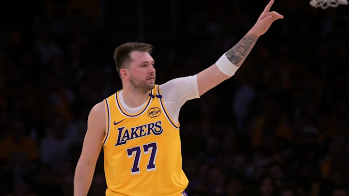 Feb 10, 2025; Los Angeles, California, USA; Los Angeles Lakers guard Luka Doncic (77) reacts after a basket against the Utah Jazz at Crypto.com Arena. Mandatory Credit: Jayne Kamin-Oncea-Imagn Images Feb 10, 2025; Los Angeles, California, USA; Los Angeles Lakers guard Luka Doncic (77) reacts after a basket against the Utah Jazz at Crypto.com Arena. Mandatory Credit: Jayne Kamin-Oncea-Imagn Images