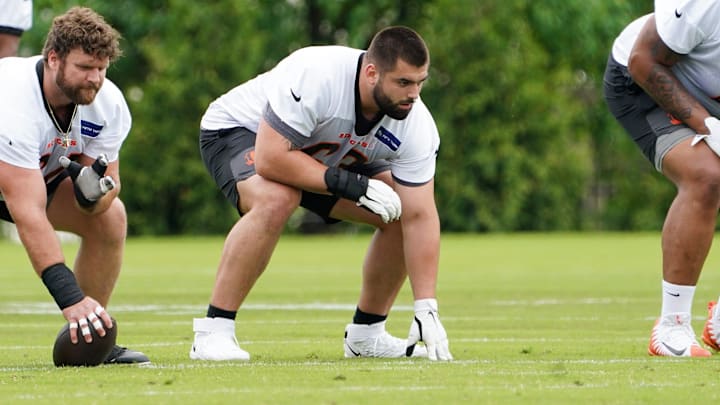 Cincinnati Bengals offensive guard Dylan Fairchild (63) participates in drills during practice, Tuesday, May 13, 2025, at Kettering Health Practice Fields in Downtown Cincinnati. Cincinnati Bengals offensive guard Dylan Fairchild (63) participates in drills during practice, Tuesday, May 13, 2025, at Kettering Health Practice Fields in Downtown Cincinnati.