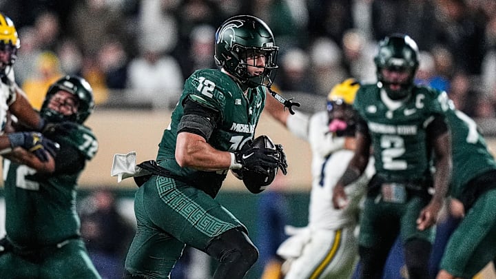 Michigan State tight end Jack Velling (12) makes a catch against Michigan during the second half at Spartan Stadium in East Lansing on Saturday, October 25, 2025.