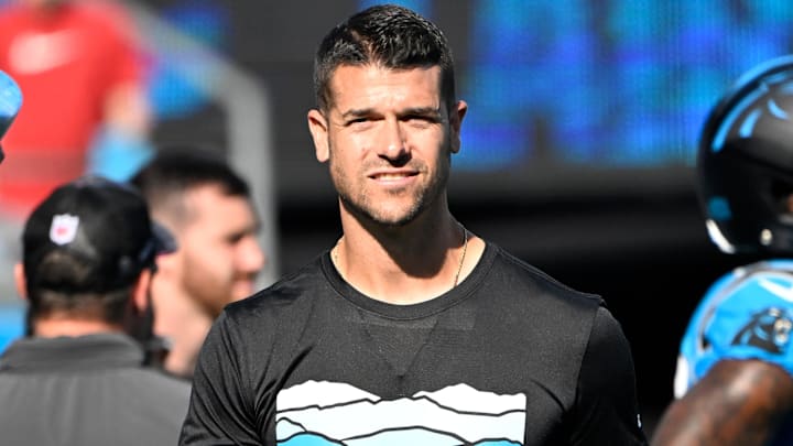 Oct 13, 2024; Charlotte, North Carolina, USA; Head coach Dave Canales before the game at Bank of America Stadium. Mandatory Credit: Bob Donnan-Imagn Images
