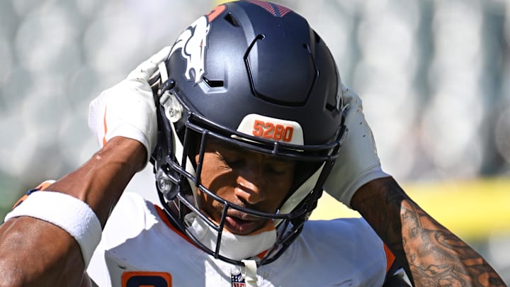 Oct 5, 2025; Philadelphia, Pennsylvania, USA; Denver Broncos wide receiver Courtland Sutton (14) during warmups against the Philadelphia Eagles at Lincoln Financial Field. Mandatory Credit: Eric Hartline-Imagn Images