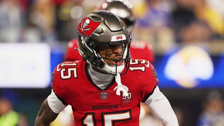 Tampa Bay Buccaneers wide receiver Tez Johnson (15) celebrates after scoring a touchdown against the Los Angeles Rams Tampa Bay Buccaneers wide receiver Tez Johnson (15) celebrates after scoring a touchdown against the Los Angeles Rams