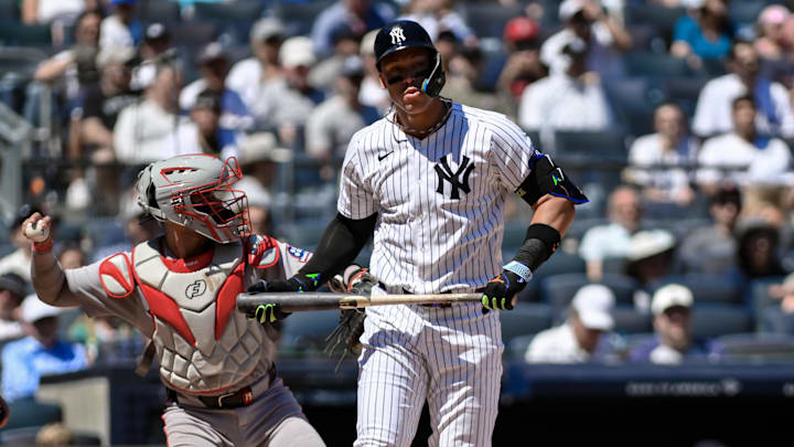 Aug 23, 2025; Bronx, New York, USA; New York Yankees outfielder Aaron Judge (99) reacts after striking out during the first inning against the Boston Red Sox at Yankee Stadium. Mandatory Credit: John Jones-Imagn Images