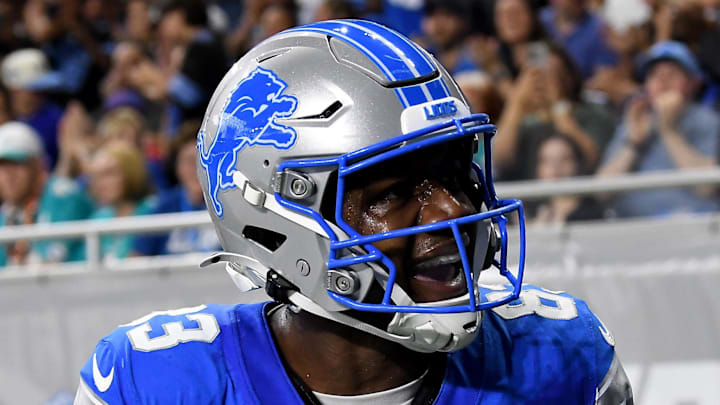 Detroit Lions wide receiver Jackson Meeks (83) celebrates after scoring a touchdown against the Miami Dolphins Detroit Lions wide receiver Jackson Meeks (83) celebrates after scoring a touchdown against the Miami Dolphins