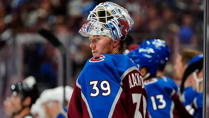 Oct 10, 2026; Denver, Colorado, USA;  Colorado Avalanche goaltender Mackenzie Blackwood (39) during a time out in the third period against the Toronto Maple Leafs at Ball Arena.  Mandatory Credit: Ron Chenoy-Imagn Images