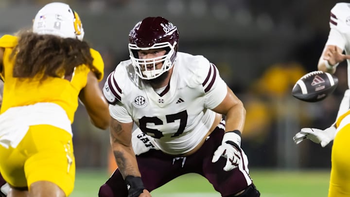 Mississippi State Bulldogs offensive lineman Ethan Miner (67) against the Arizona State Sun Devils at Mountain America Stadium. Mississippi State Bulldogs offensive lineman Ethan Miner (67) against the Arizona State Sun Devils at Mountain America Stadium.