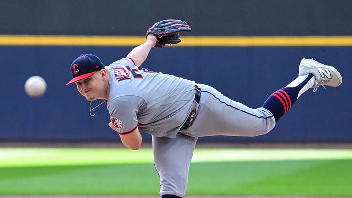 Jun 18, 2026; Milwaukee, Wisconsin, USA;  Cleveland Guardians starting pitcher Parker Messick (77) throws a pitch in the first inning against the Milwaukee Brewers at American Family Field. Mandatory Credit: Benny Sieu-Imagn Images