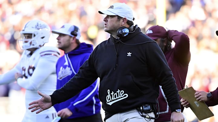 Mississippi State Bulldogs head coach Jeff Lebby  reacts after a touchdown against the Mississippi Rebels at Vaught-Hemingway Stadium. 