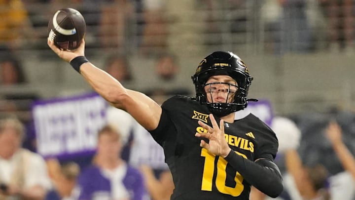 Sep 26, 2025; Tempe, Arizona, USA; Arizona State Sun Devils quarterback Sam Leavitt (10) throws the ball against the TCU Horned Frogs in the first half at Mountain America Stadium, Home of the ASU Sun Devils. Mandatory Credit: Jacob Reiner-Imagn Images