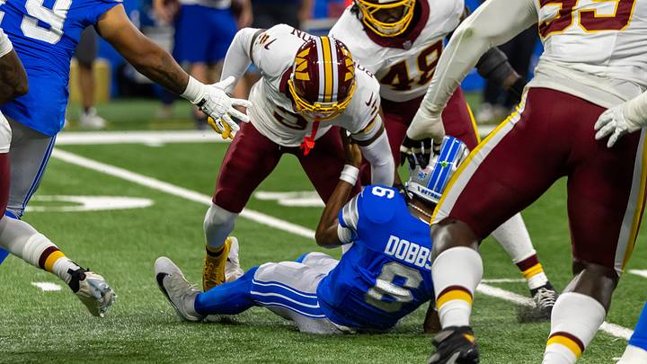 Aug 22, 2026; Detroit, Michigan, USA; Washington Commanders cornerback Amik Robertson (2) sacks Detroit Lions quarterback Joshua Dobbs (6) and causes a fumble in the first quarter at Ford Field. Mandatory Credit: David Reginek-Imagn Images Aug 22, 2026; Detroit, Michigan, USA; Washington Commanders cornerback Amik Robertson (2) sacks Detroit Lions quarterback Joshua Dobbs (6) and causes a fumble in the first quarter at Ford Field. Mandatory Credit: David Reginek-Imagn Images