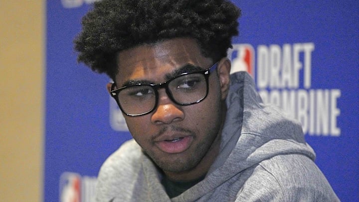 May 14, 2025; Chicago, Il, USA; Jase Richardson talks to the media during the 2025 NBA Draft Combine at Marriott Marquis Chicago. Mandatory Credit: David Banks-Imagn Images