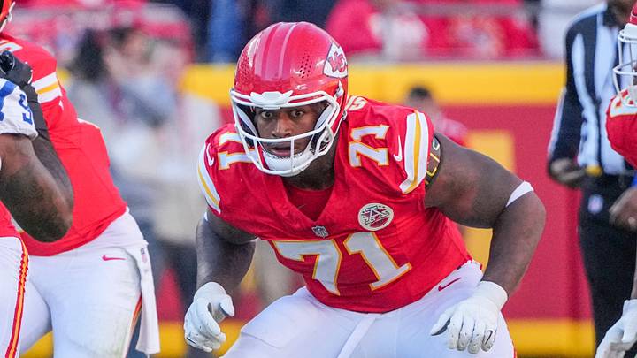 Nov 23, 2025; Kansas City, Missouri, USA; Kansas City Chiefs offensive tackle Josh Simmons (71) on field against the Indianapolis Colts during the game at GEHA Field at Arrowhead Stadium. Mandatory Credit: Denny Medley-Imagn Images