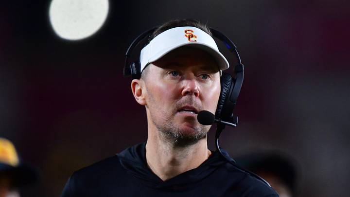 Nov 7, 2025; Los Angeles, California, USA; Southern California Trojans head coach Lincoln Riley watches game action against the Northwestern Wildcats during the second half at the Los Angeles Memorial Coliseum. Mandatory Credit: Gary A. Vasquez-Imagn Images