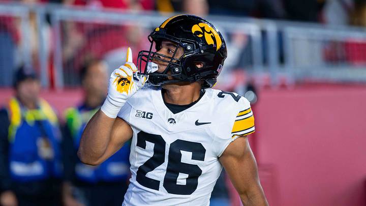 Oct 11, 2025; Madison, Wisconsin, USA; Iowa Hawkeyes running back Xavier Williams (26) celebrates a touchdown in the second half against the Wisconsin Badgers at Camp Randall Stadium. Mandatory Credit: Ross Harried-Imagn Images
