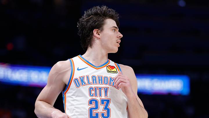 Apr 12, 2026; Oklahoma City, Oklahoma, USA; Oklahoma City Thunder forward Brooks Barnhizer (23) runs down the court against the Phoenix Suns during the second half at Paycom Center. Mandatory Credit: Alonzo Adams-Imagn Images