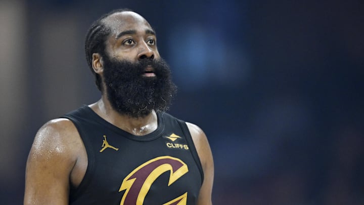 Mar 3, 2026; Cleveland, Ohio, USA; Cleveland Cavaliers guard James Harden (1) stands on the court in the third quarter against the Detroit Pistons at Rocket Arena. Mandatory Credit: David Richard-Imagn Images
